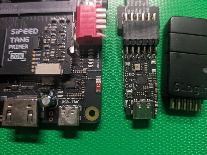 Sipeed 使用 BL618/BL702 做串口芯片的其中三款设备，从左到右：Tang Primer 20K Dock, RV Debugger, SLogic Combo 8